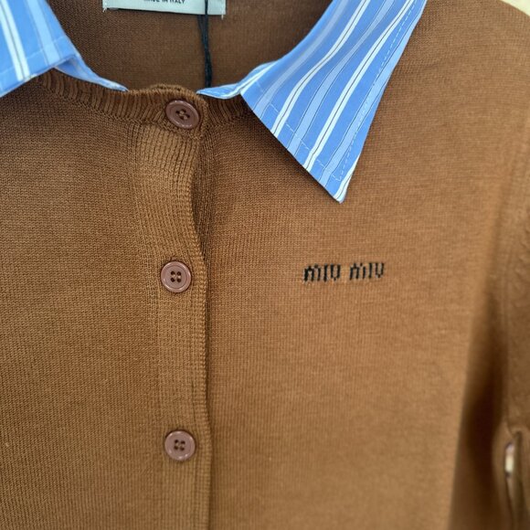 NWT Women's Brown Wool Miu Miu Cardigan with Blue Striped Collar Sz L - Picture 3 of 7
